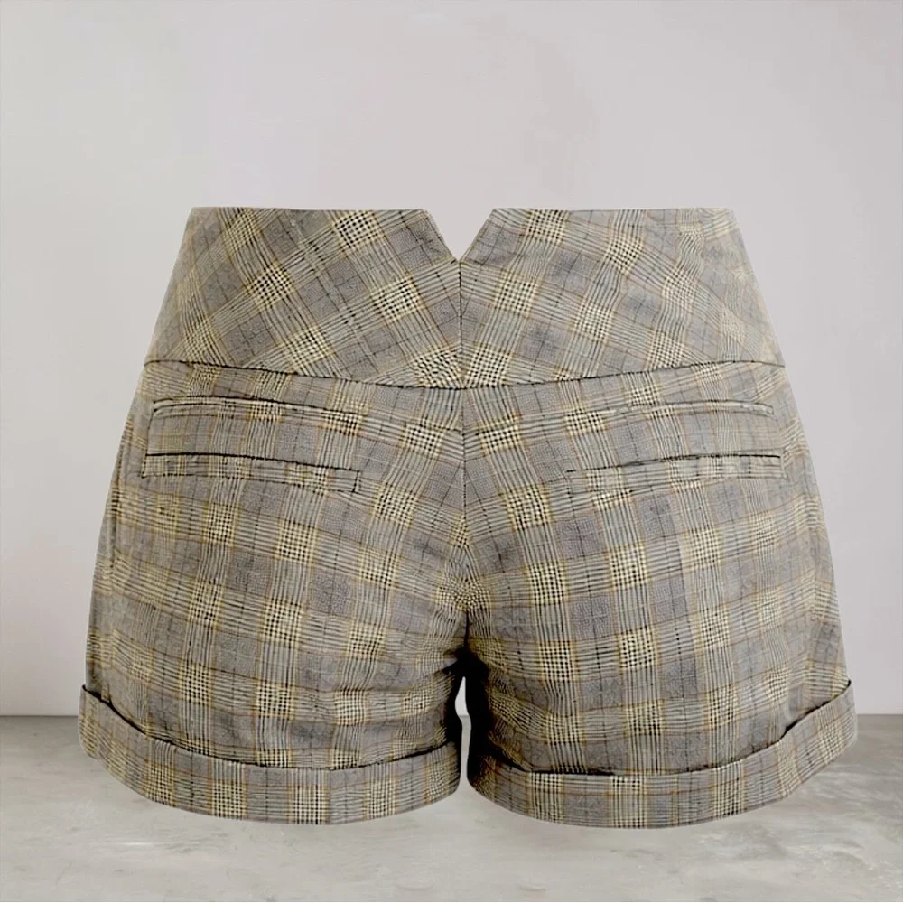 New Celebrity Pink Plaid High-Waist Cuffed Women's Shorts - Beige Plaid